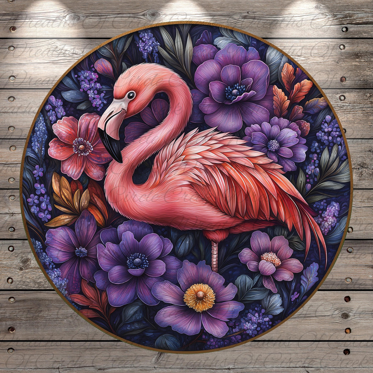 a painting of a pink flamingo surrounded by purple flowers