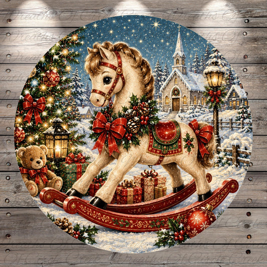 A decorative Christmas scene featuring a white horse with red bows, a teddy bear, and a decorated Christmas tree.