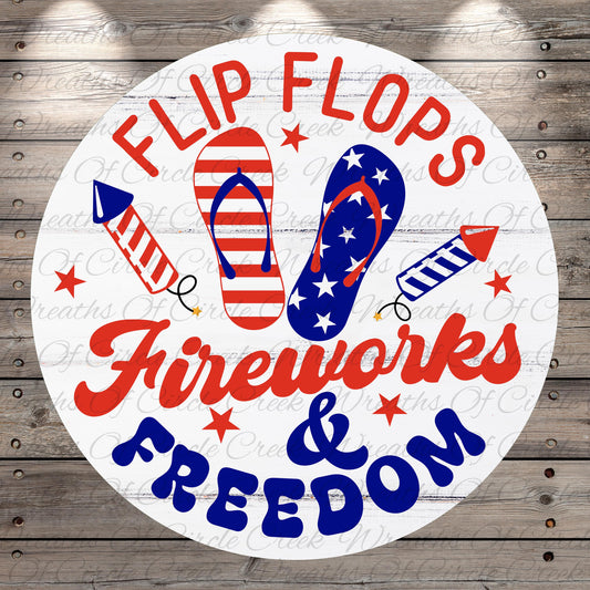 The image is a circular design featuring a pair of flip-flops, fireworks, and the text "Flip Flops Fireworks & Freedom".