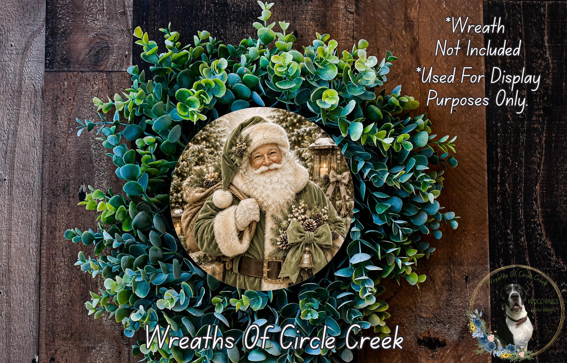 A wreath featuring a photograph of Santa Claus surrounded by greenery, with a caption stating that the wreath is not included in a display and is used for purposes only.