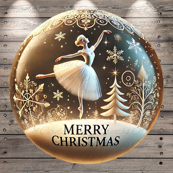 A glass ball ornament with a ballerina figure inside, surrounded by snowflakes and Christmas trees, with the text "Merry Christmas" displayed on the ornament.