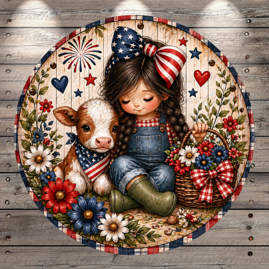 A young girl in patriotic attire sits with a cow, surrounded by flowers and a basket of flowers, against a wooden background with fireworks and stars.