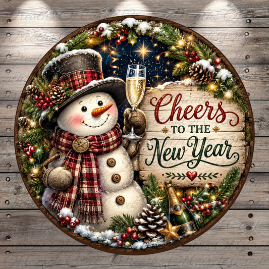 A snowman holding a champagne glass and surrounded by Christmas decorations, including pine cones, berries, and a wreath, with the text "Cheers to the New Year" displayed on a wooden sign.