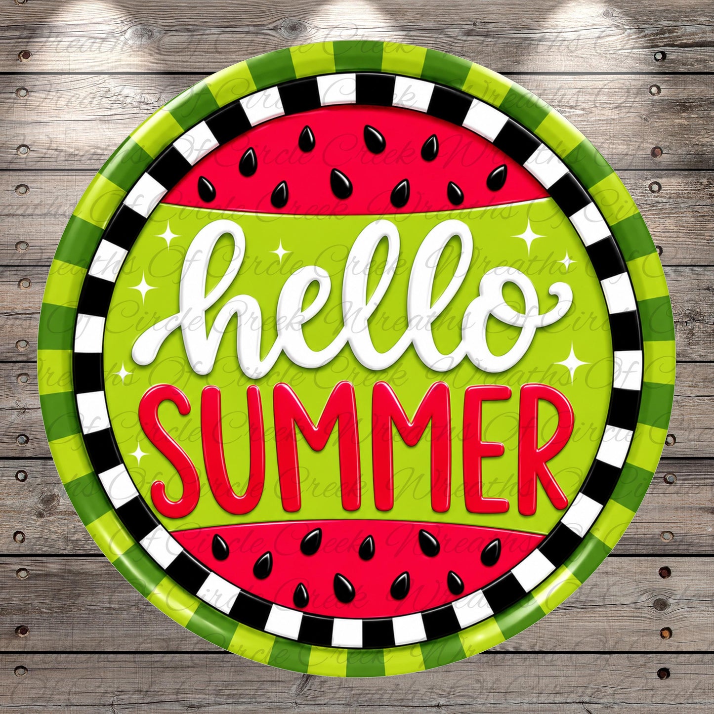 A circular sign with the text "Hello Summer" in a stylized font, surrounded by a green and black striped border.