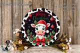 A festive Christmas wreath with a cow wearing a Santa hat, surrounded by holly leaves, berries, and a bow. The wreath is displayed on a wooden surface, with a text overlay that reads "Merry Christmas" and "Flowers Not Included Used For Display Purposes Only".