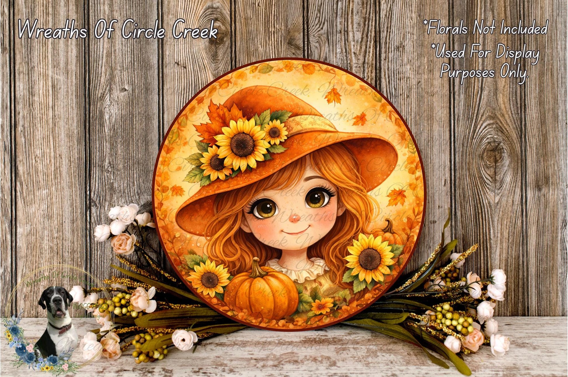 A round, decorative wreath featuring a young girl with a sunflower hat and a pumpkin, surrounded by autumn foliage and flowers.