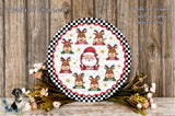 A festive Christmas-themed wreath with a Santa Claus face, surrounded by reindeer and flowers, placed on a wooden surface.