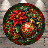A vibrant and festive Christmas ornament, featuring a large red poinsettia flower surrounded by other holiday decorations such as berries, leaves, and a golden ornament.