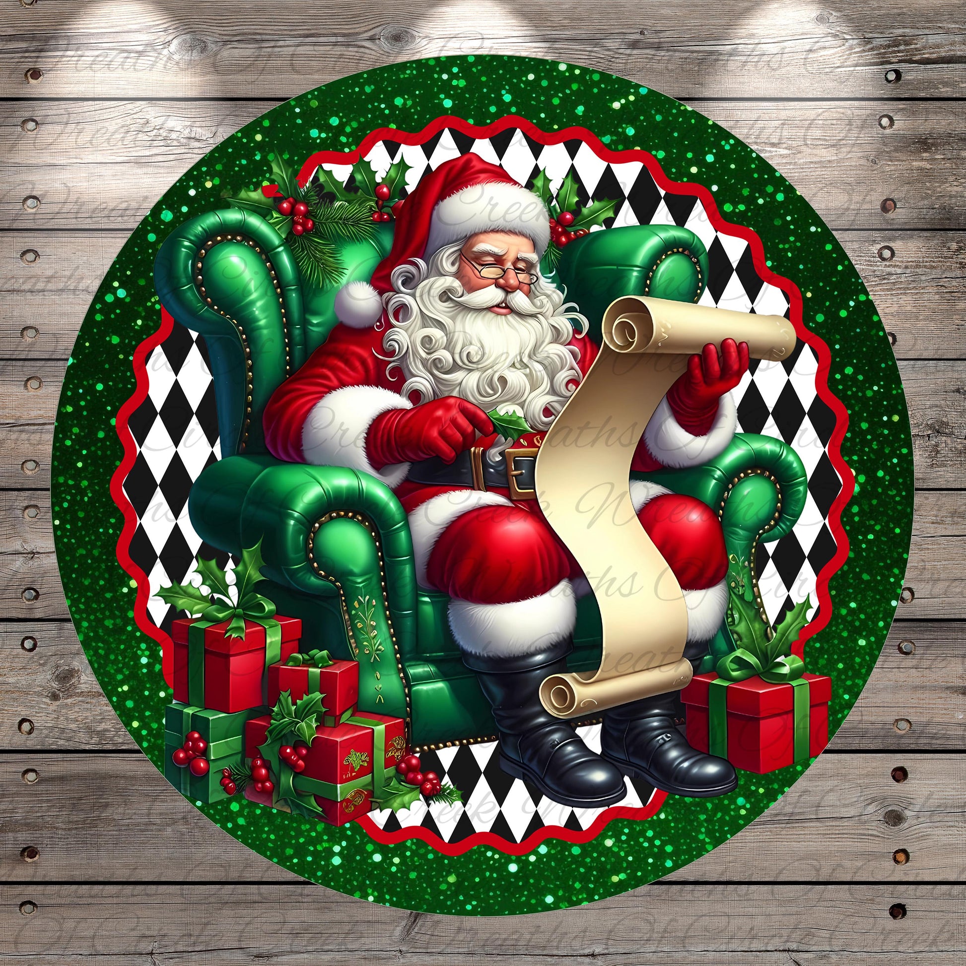 Santa Claus sitting in a green armchair, holding a scroll and surrounded by presents and holly leaves, against a backdrop of a glittery border with a black and white diamond pattern.