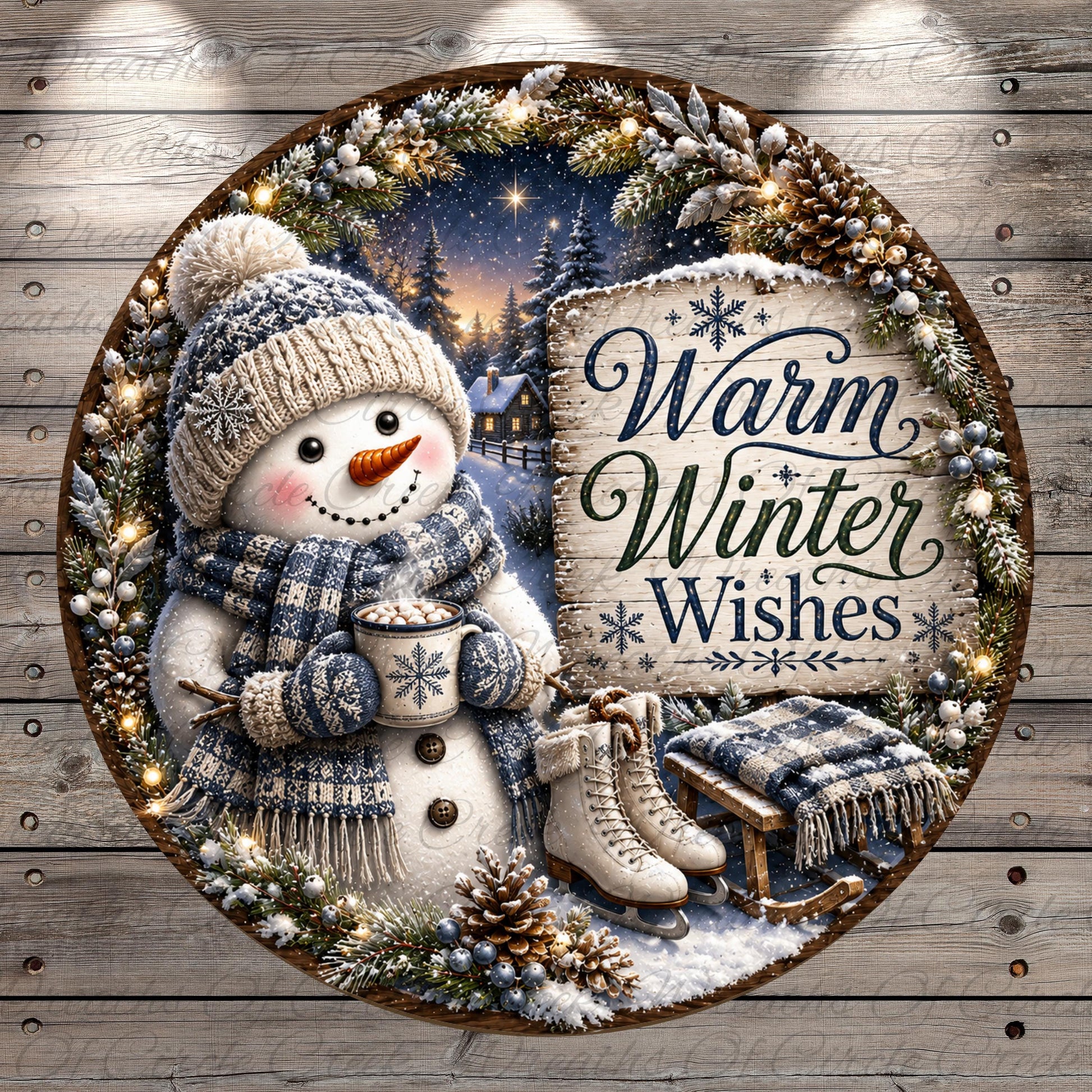 A snowman wearing a blue and white scarf and hat, holding a cup of hot chocolate, surrounded by a wreath of snowflakes and pine cones, with a sign that says "Warm Winter Wishes".