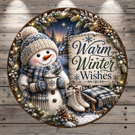 A snowman wearing a blue and white scarf and hat, holding a cup of hot chocolate, surrounded by a wreath of snowflakes and pine cones, with a sign that says "Warm Winter Wishes".