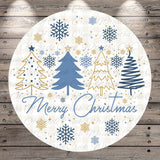 A circular Christmas-themed design with stylized trees, snowflakes, and the text "Merry Christmas" in a blue and gold color scheme.