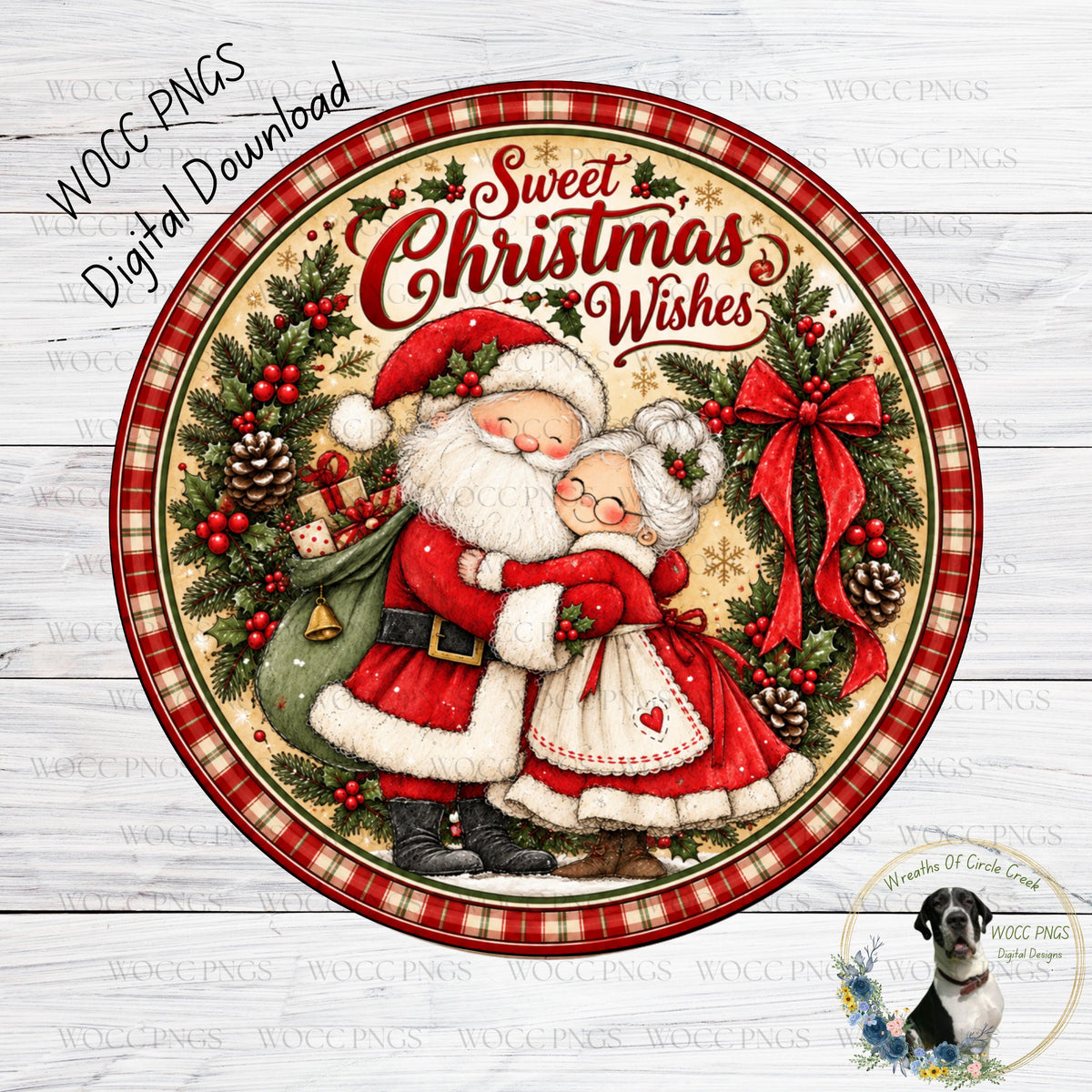 A circular Christmas-themed illustration featuring Santa Claus and his reindeer, surrounded by holiday decorations such as pine cones, berries, and a bow.