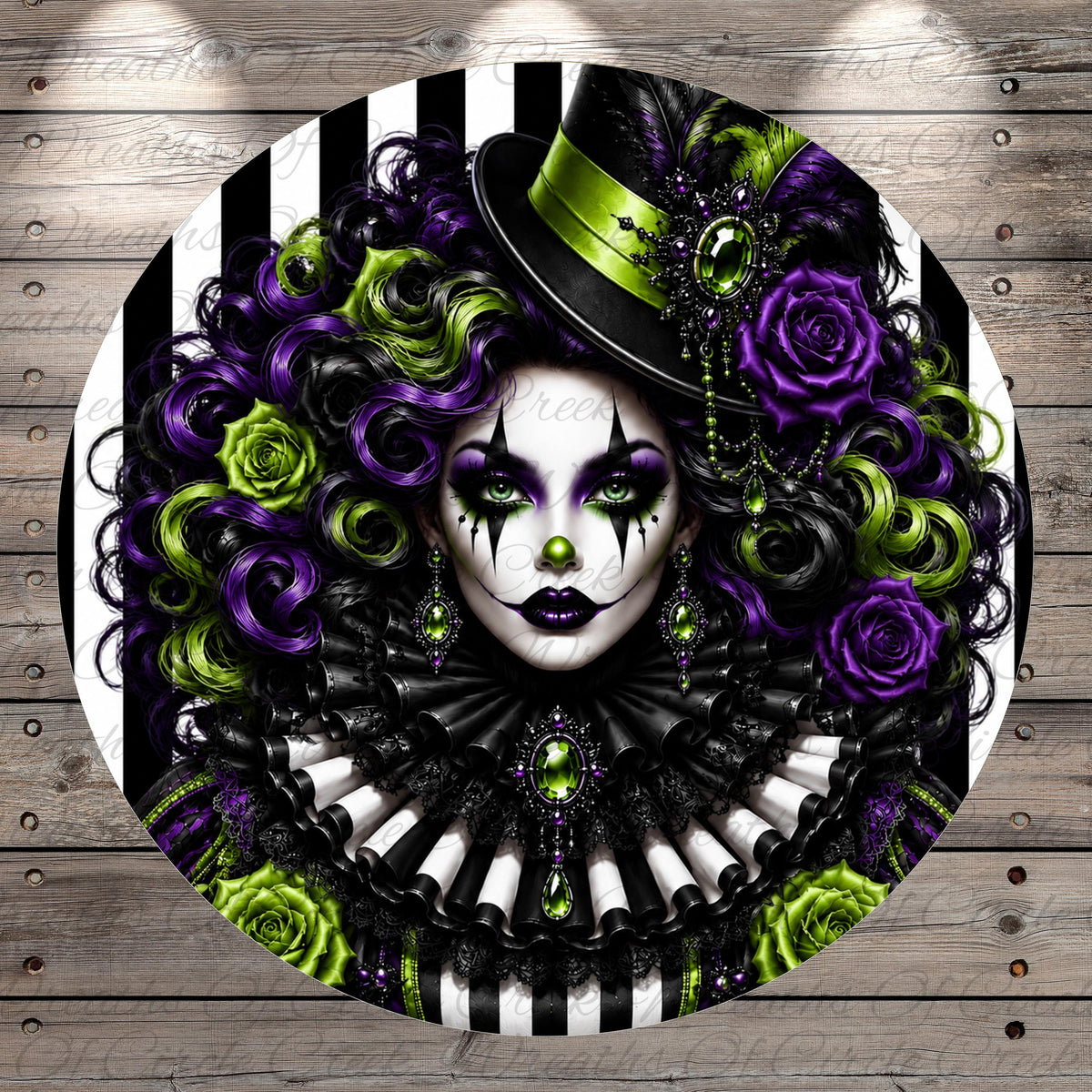 A digital illustration of a woman with elaborate makeup and a large hat, surrounded by a variety of colorful flowers and foliage.