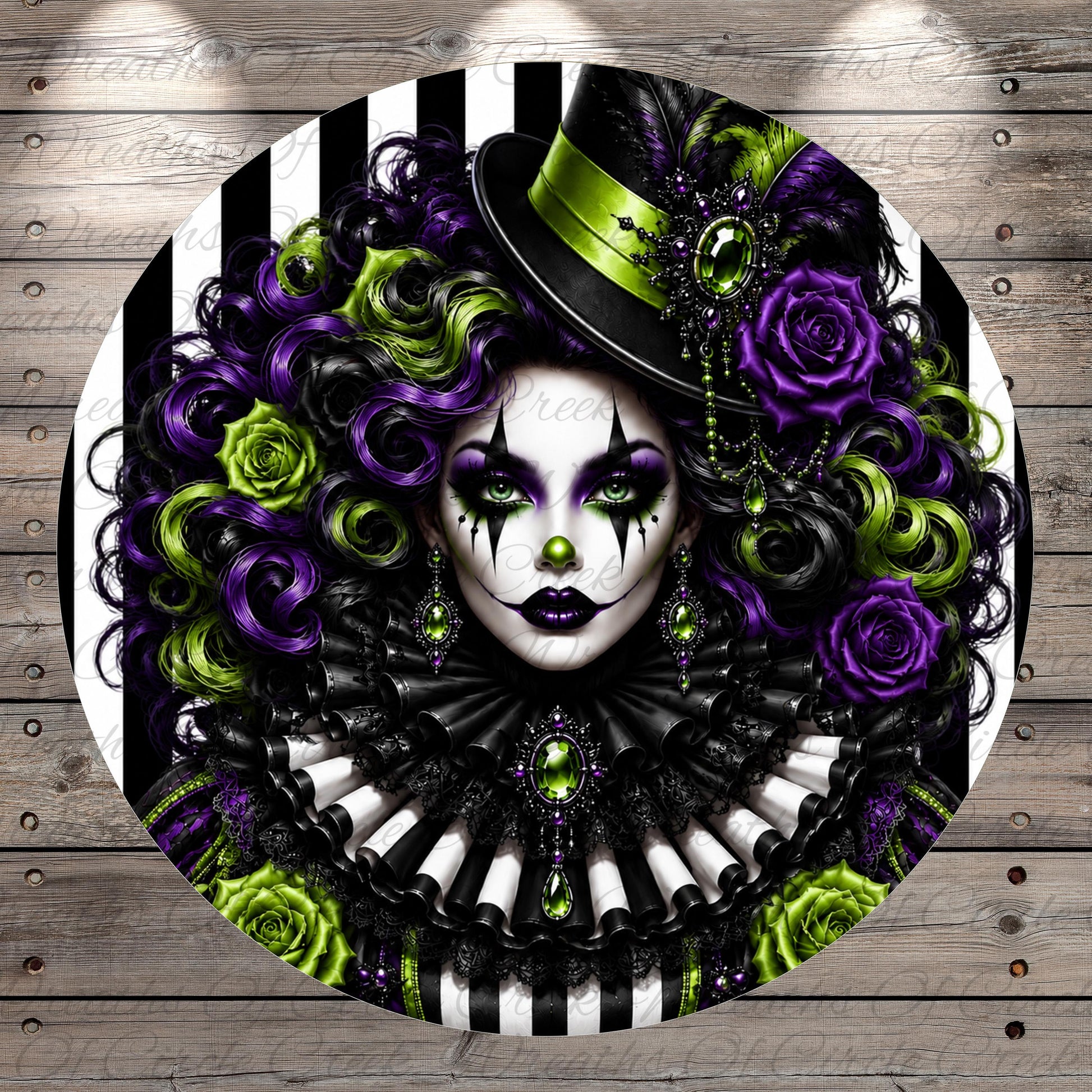 A digital illustration of a woman with elaborate makeup and a large hat, surrounded by a variety of colorful flowers and foliage.