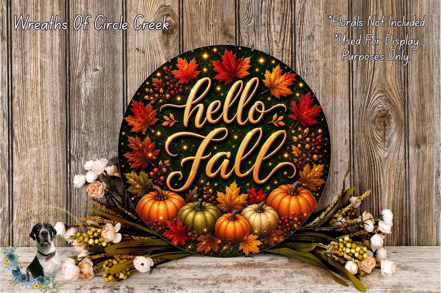 a decorative sign with the text "Hello Fall" surrounded by autumn leaves, pumpkins, and flowers, all set against a rustic wooden background.