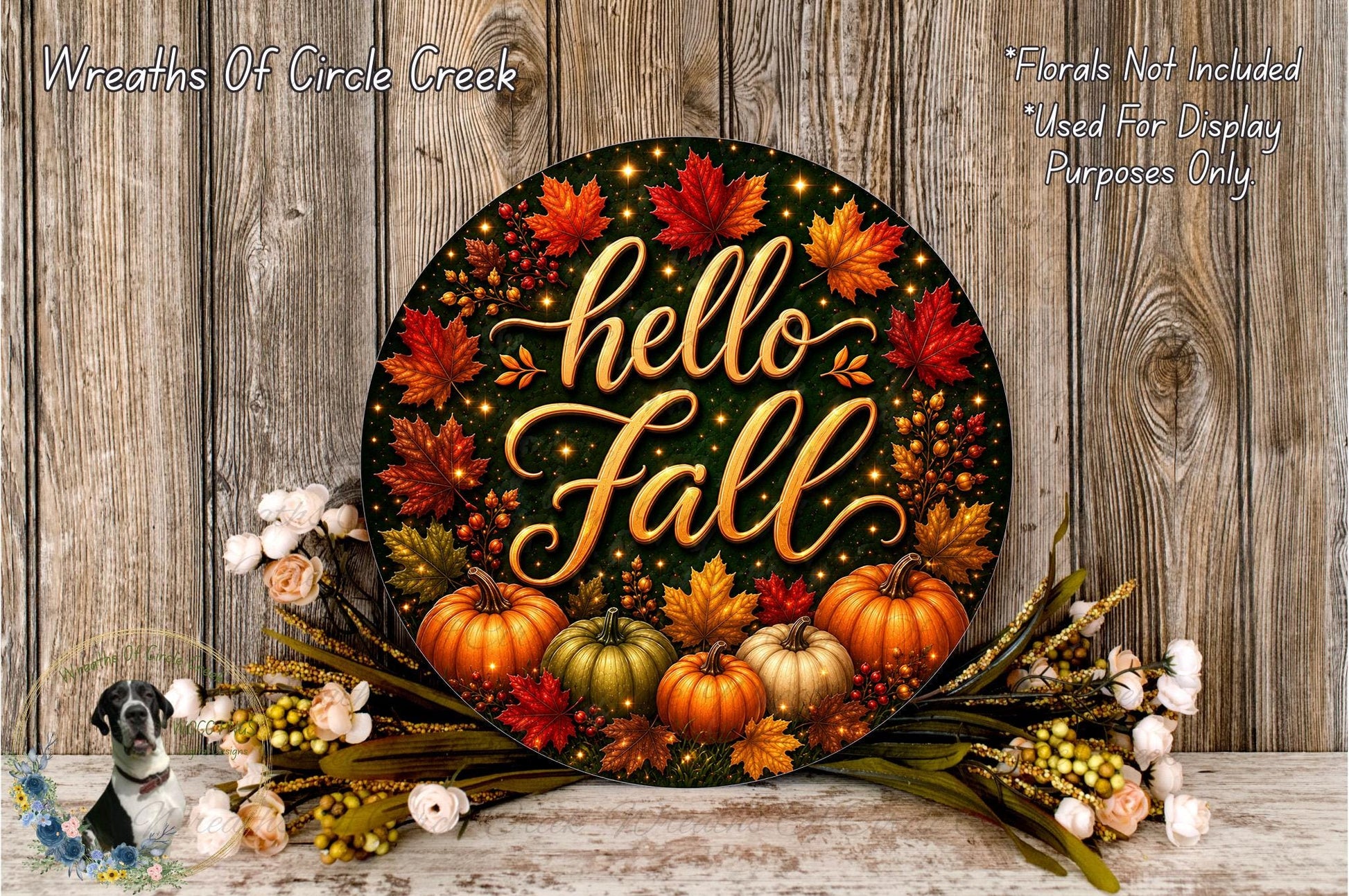 a decorative sign with the text "Hello Fall" surrounded by autumn leaves, pumpkins, and flowers, all set against a rustic wooden background.