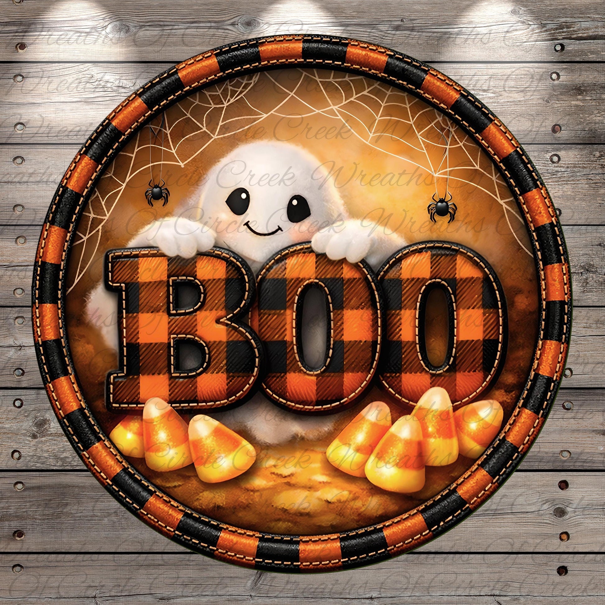 A Halloween-themed graphic design featuring a ghost, candy corn, and the word "BOO" in a circular frame with a checkered pattern.
