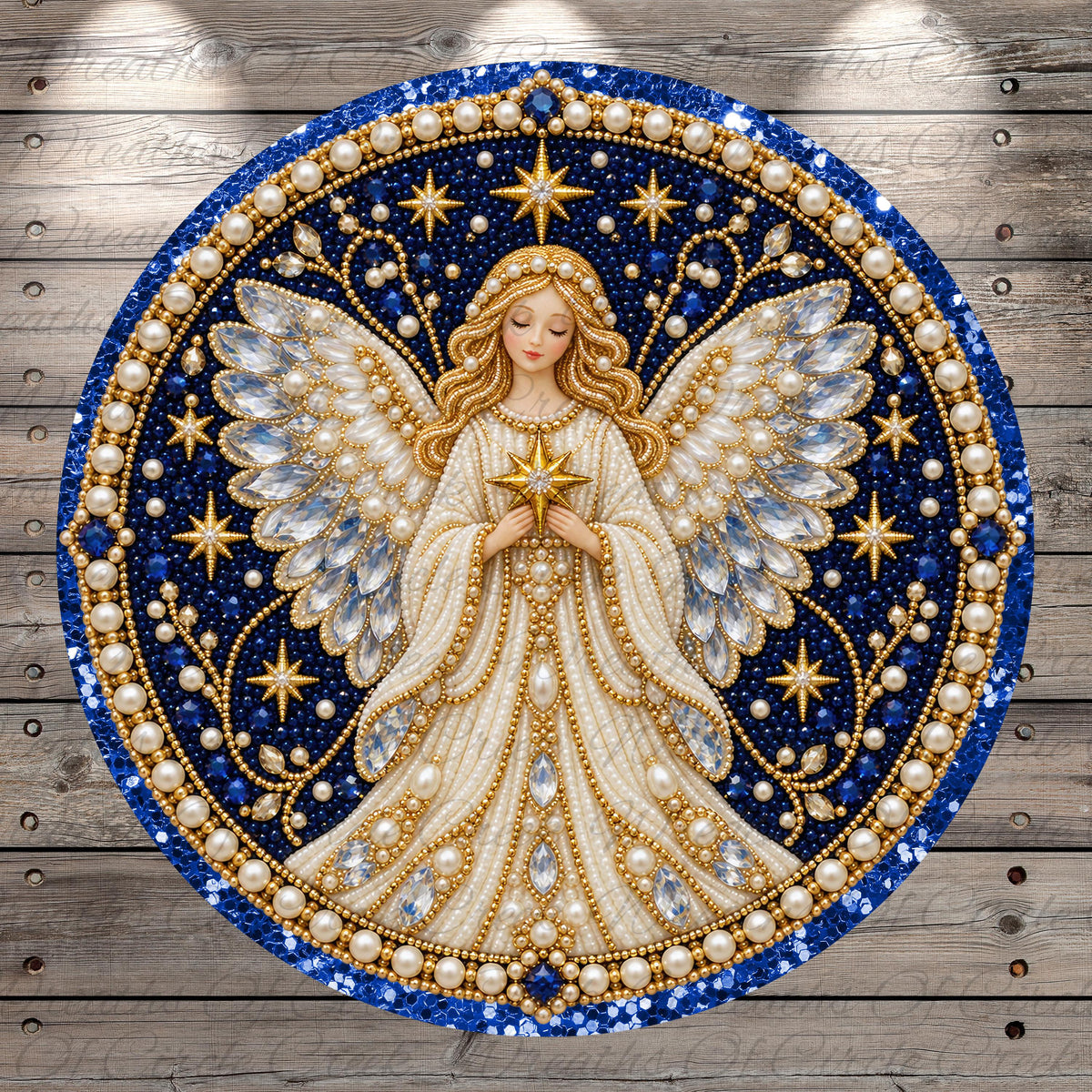 a detailed and ornate circular design with a central angel figure surrounded by stars, pearls, and a blue and gold border.