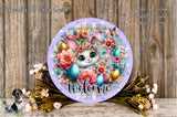 a decorative Easter wreath with a bunny and colorful flowers, placed on a wooden surface. The wreath is surrounded by a variety of flowers and greenery, creating a festive and welcoming atmosphere.