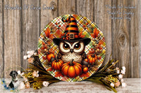 A round wooden plaque featuring an owl wearing a witch's hat, surrounded by autumn foliage, pumpkins, and flowers.