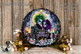 A decorative wreath featuring a skeleton couple surrounded by holiday elements such as flowers, candles, and ornaments. The wreath has a spooky, gothic theme with a "Merry Creepmas" message.