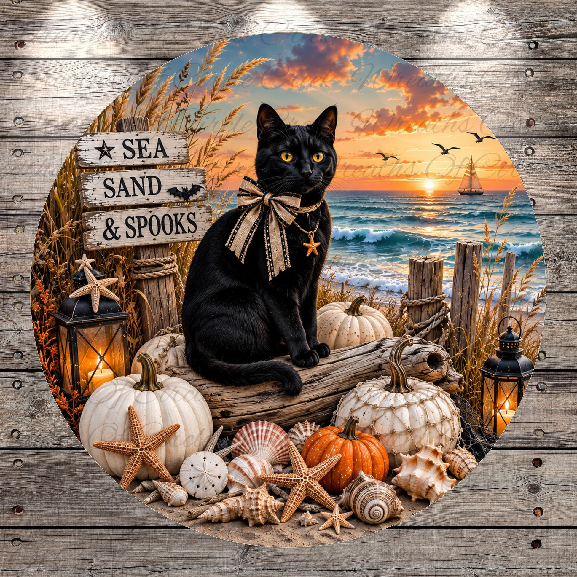 A black cat sits on a log surrounded by pumpkins, seashells, and starfish, with a sunset and sailboat in the background.