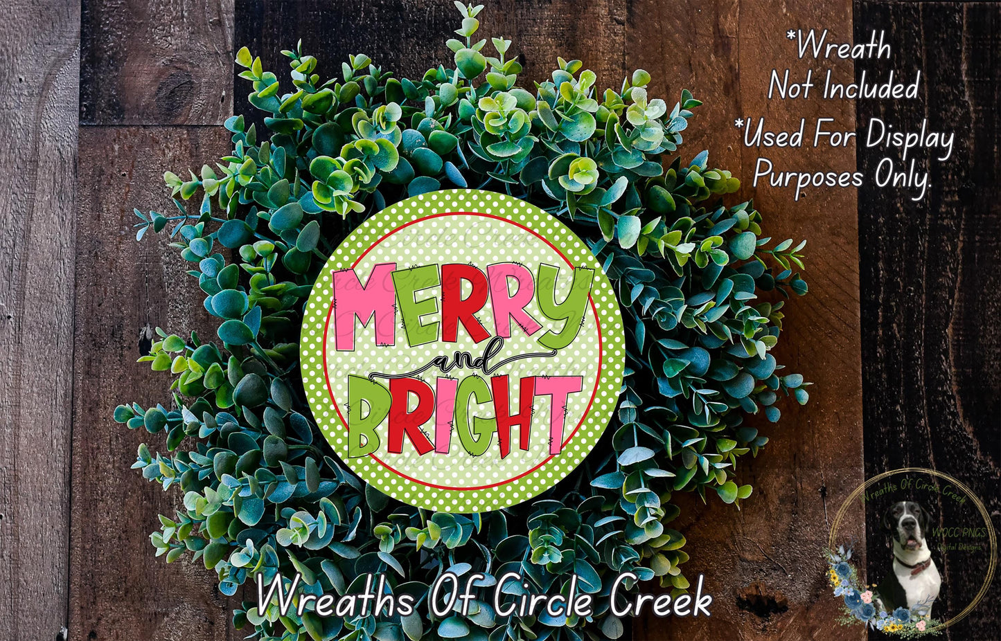 a wreath made of green leaves and a circular sign with the text "MERRY and BRIGHT" in a festive style.