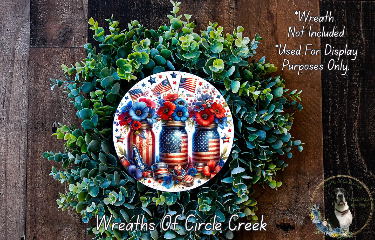 a wreath made of green leaves and flowers, with three vases painted in patriotic colors of red, white, and blue, arranged in a circular pattern.