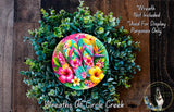 A colorful wreath made of various plants and flowers, including hibiscus, eucalyptus, and other tropical foliage. The wreath is adorned with a pair of flip-flops, adding a playful and whimsical touch. The image is described as a "Wreath of Circle Creek" and is not included in a display for purposes other than decoration.