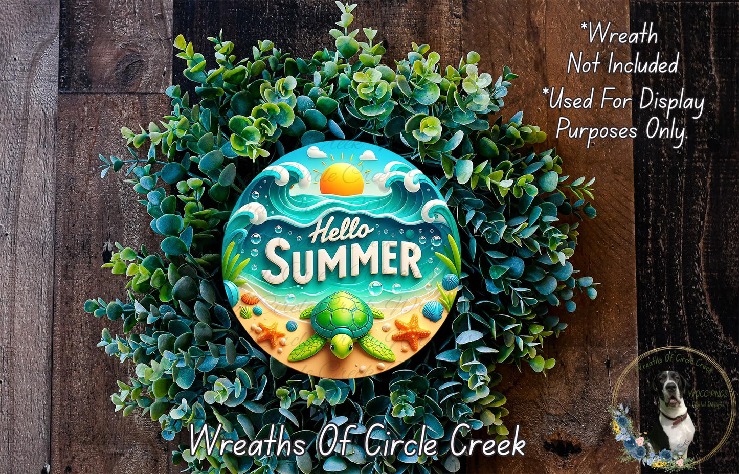 A wreath made of green leaves and a circular sign with the text "Hello Summer" in the center, surrounded by a natural, beach-themed design.