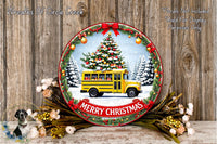 A festive Christmas wreath with a yellow school bus decorated with a Christmas tree, surrounded by flowers and greenery.