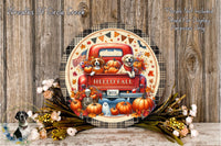 A decorative plate featuring a red truck with a dog and pumpkin, surrounded by fall-themed elements such as flowers, leaves, and a skeleton.