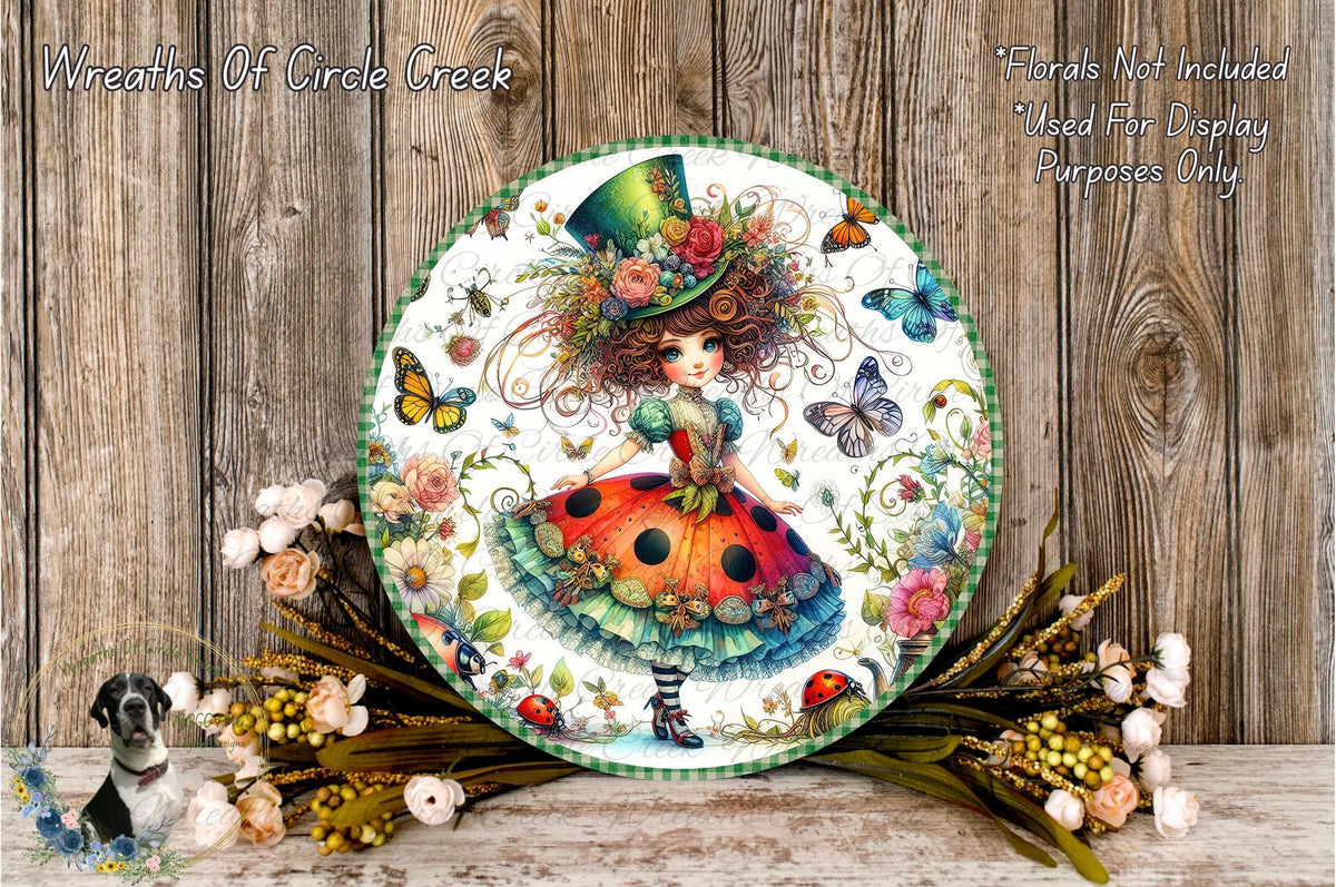 a whimsical illustration of a young girl with curly hair, wearing a green hat, surrounded by a variety of colorful flowers and butterflies. The girl is standing on a wooden surface, and there are additional flowers and butterflies scattered around her. The image is described as a "Wreaths of Circle Creek" and "Wreaths of Circle Creek" with a "Flowers Not Included" warning, indicating that the image is not intended for display purposes and is used for artistic purposes only.