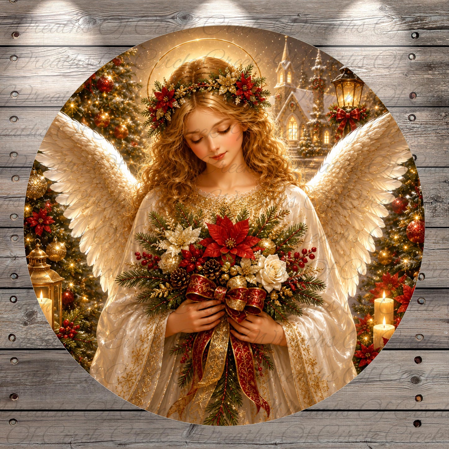 A beautiful angel holding a bouquet of flowers stands in front of a Christmas tree, with a castle visible in the background.