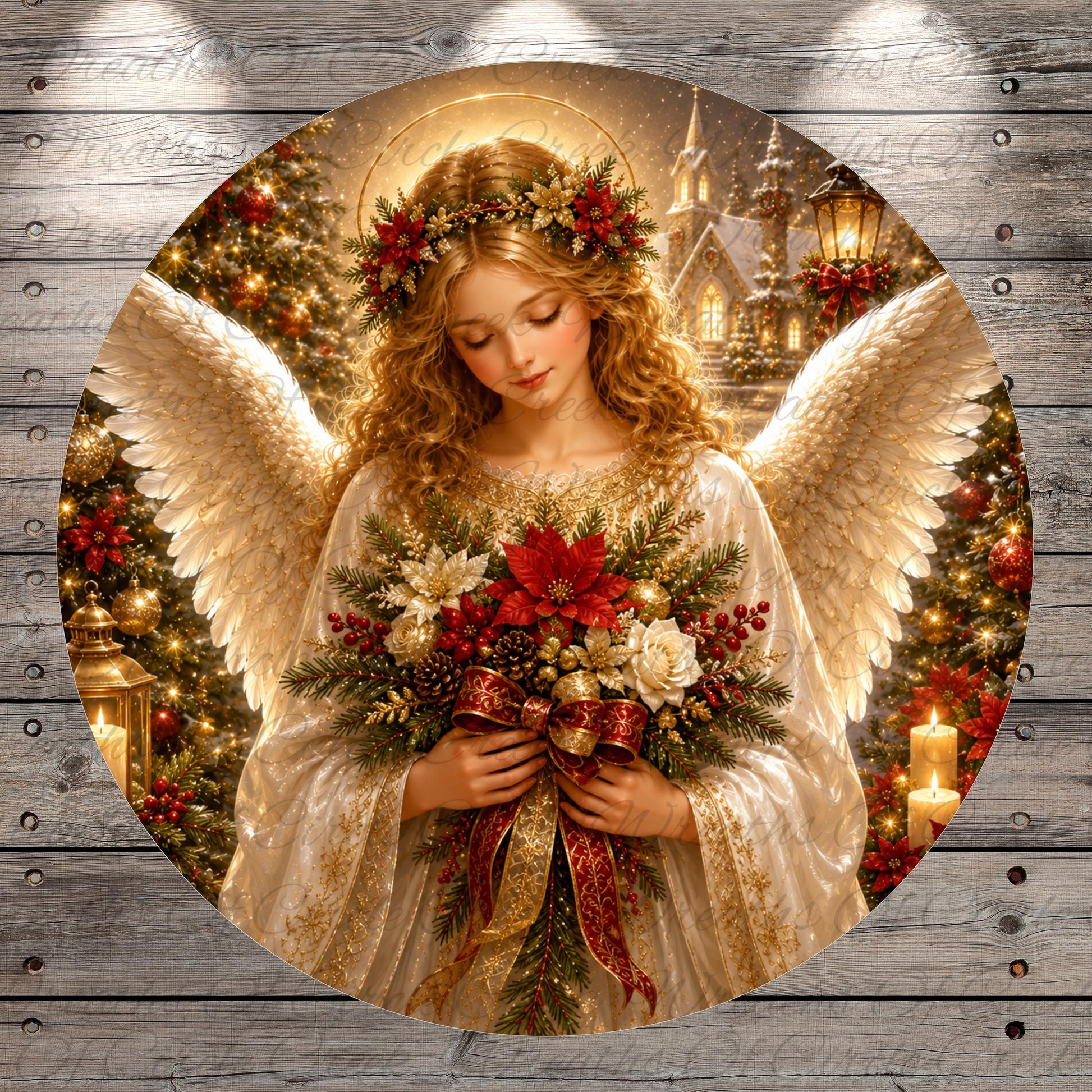 A beautiful angel holding a bouquet of flowers stands in front of a Christmas tree, with a castle visible in the background.