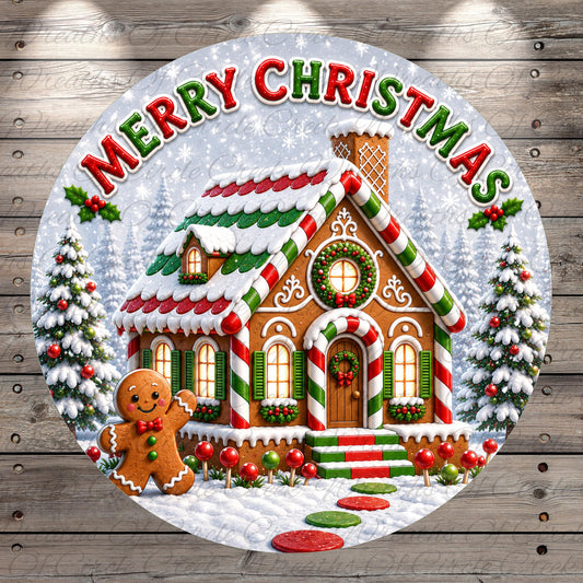 A festive Christmas scene featuring a gingerbread house with a gingerbread man, surrounded by snow, trees, and a wreath. The text "Merry Christmas" is displayed above the gingerbread house.