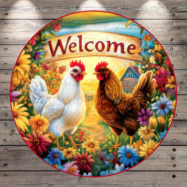 two chickens, one white and one brown, standing in a field surrounded by colorful flowers. The text "Welcome" is prominently displayed above them.