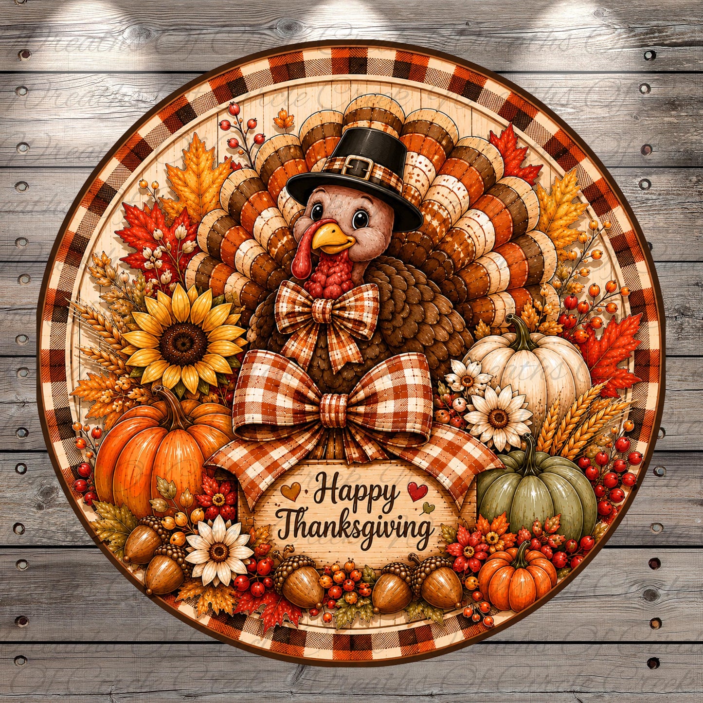 A decorative Thanksgiving-themed plate featuring a turkey wearing a plaid hat, surrounded by autumn-themed decorations such as pumpkins, acorns, and sunflowers.