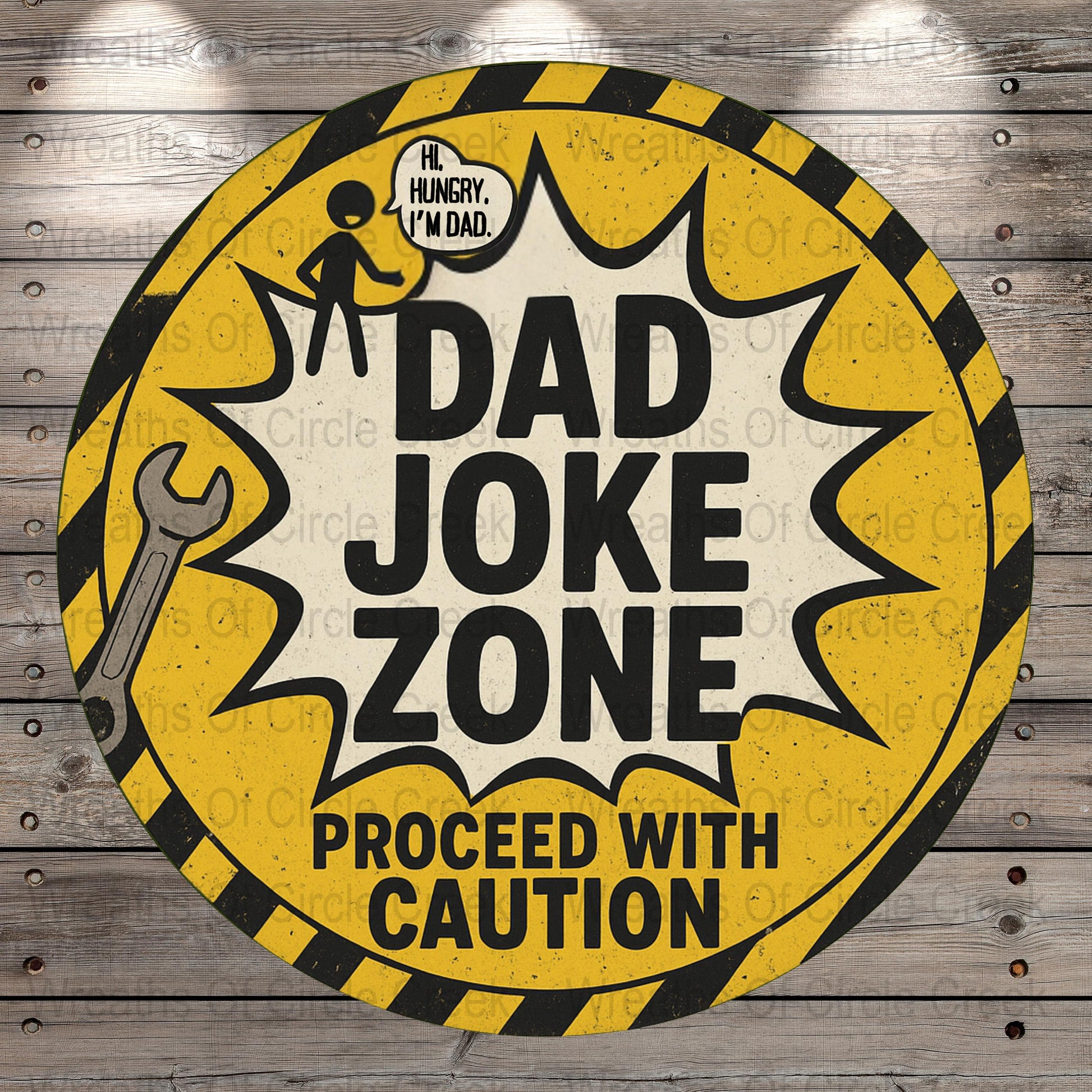 Dad Joke Zone Wall Art, Funny Gift for Dad, Caution Sign with Tools, Circle Warning Wall Decor, Father's Day Present Ideas