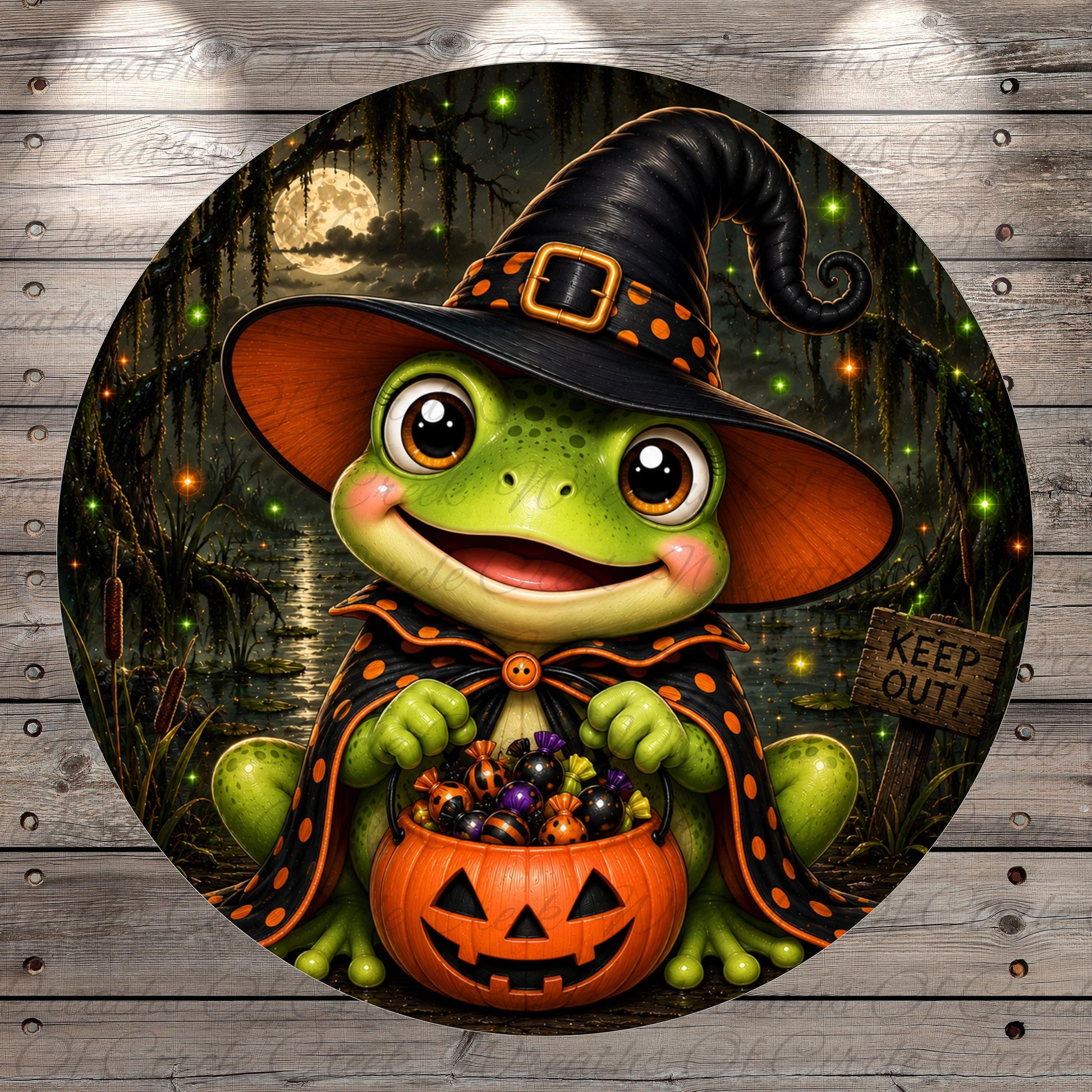 A cartoon frog wearing a witch's hat and holding a carved pumpkin, surrounded by a spooky Halloween scene with a full moon and misty forest.