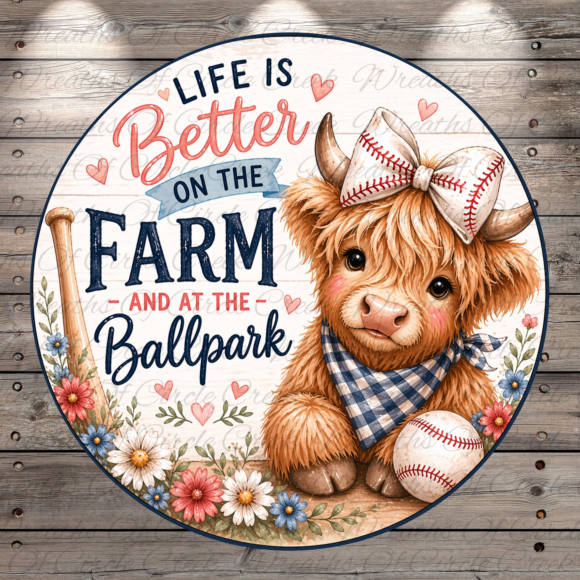 a cute, furry cow wearing a baseball hat and a checkered bandana, sitting next to a baseball and surrounded by flowers.