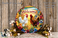a decorative plate with a welcoming message, surrounded by flowers and a rooster. The plate is placed on a wooden surface, and there is a small bird figurine in the bottom left corner.