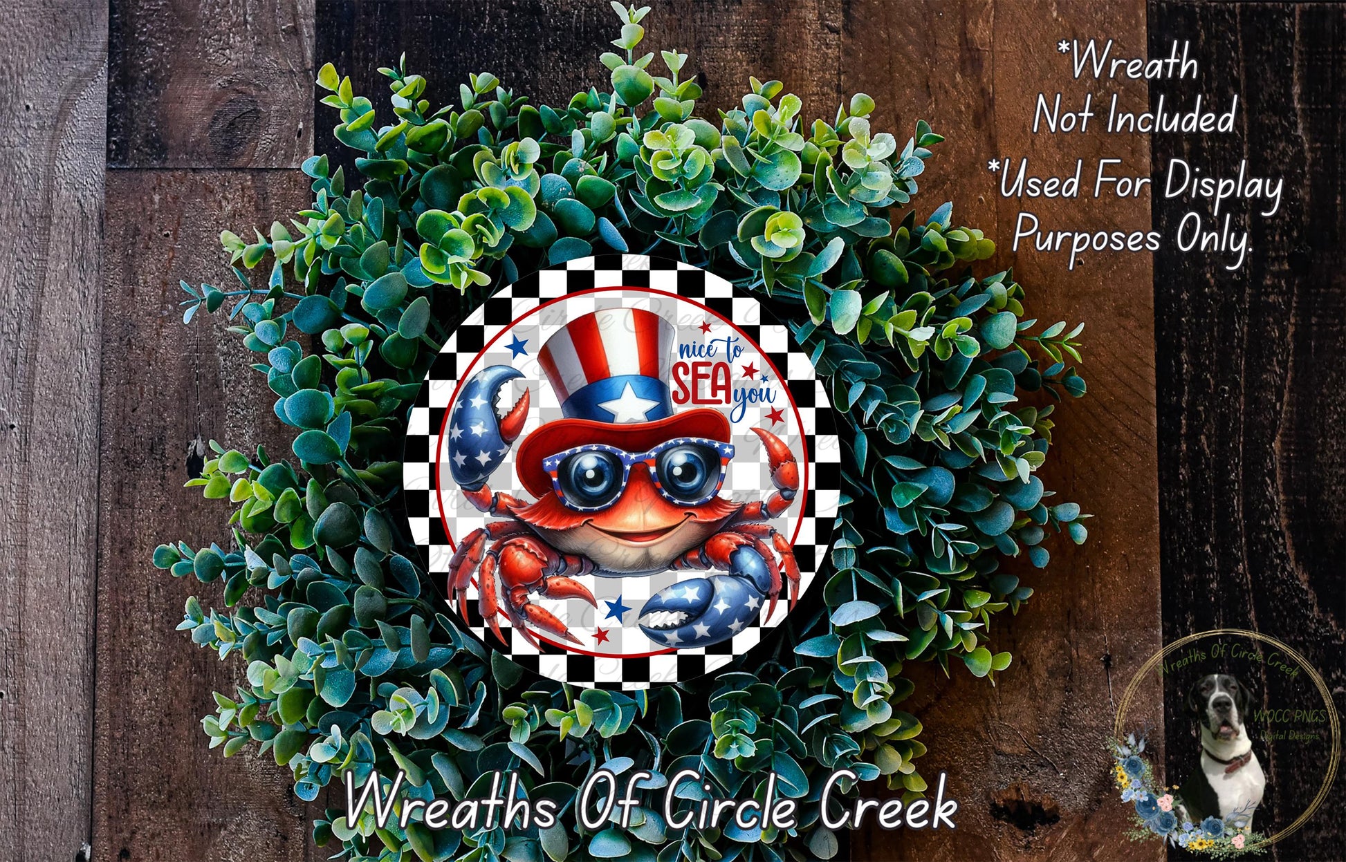 A wreath made of green leaves and a red and white crab wearing sunglasses, with a patriotic theme.