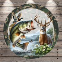 A collage of a fish leaping out of the water, a deer standing nearby, and a bird flying overhead, all set against a backdrop of a forested area and a body of water.