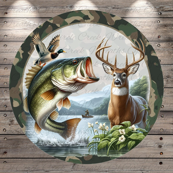 A collage of a fish leaping out of the water, a deer standing nearby, and a bird flying overhead, all set against a backdrop of a forested area and a body of water.