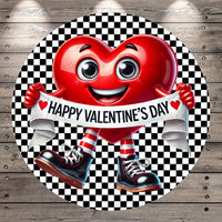 A red heart-shaped character holding a banner that says "Happy Valentine's Day" against a black and white checkered background.