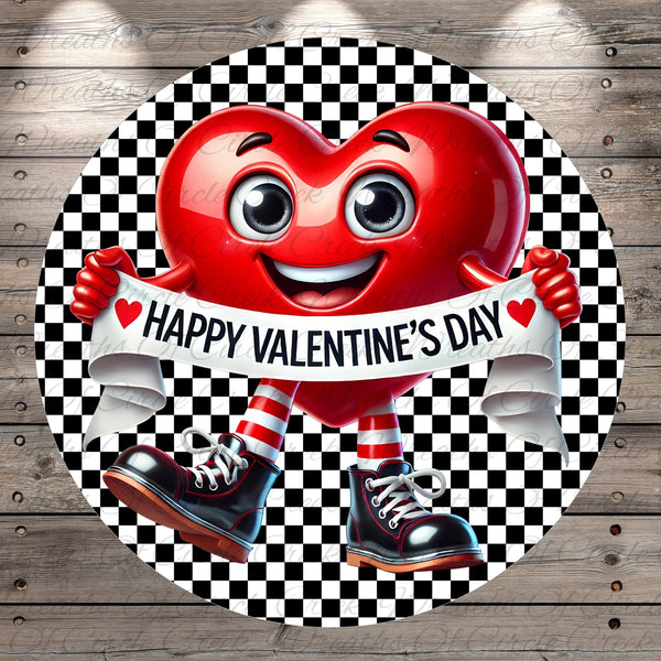 A red heart-shaped character holding a banner that says "Happy Valentine's Day" against a black and white checkered background.