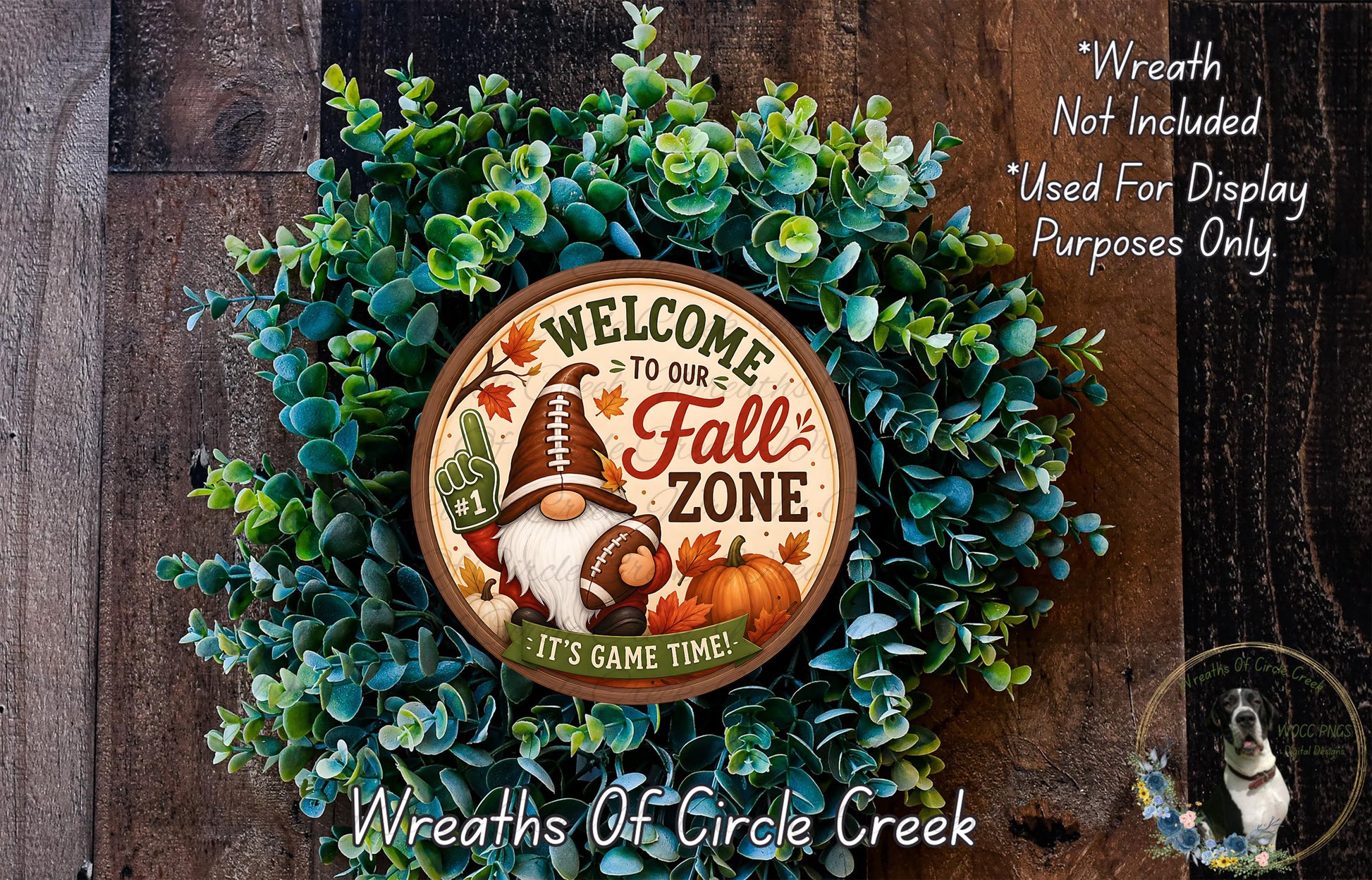 a wreath made of green leaves and a football helmet, with the text "Welcome to our Fall Zone" and "It's game time!" displayed on it.