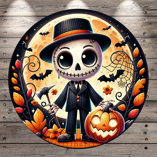 A spooky skeleton wearing a top hat and holding a pumpkin, surrounded by bats, flowers, and a full moon, all set against a wooden background.